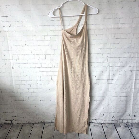 Aerie One Shoulder Ribbed Midi Dress Size XS Beige Slit Summer Stretch Bodycon - Picture 2 of 8